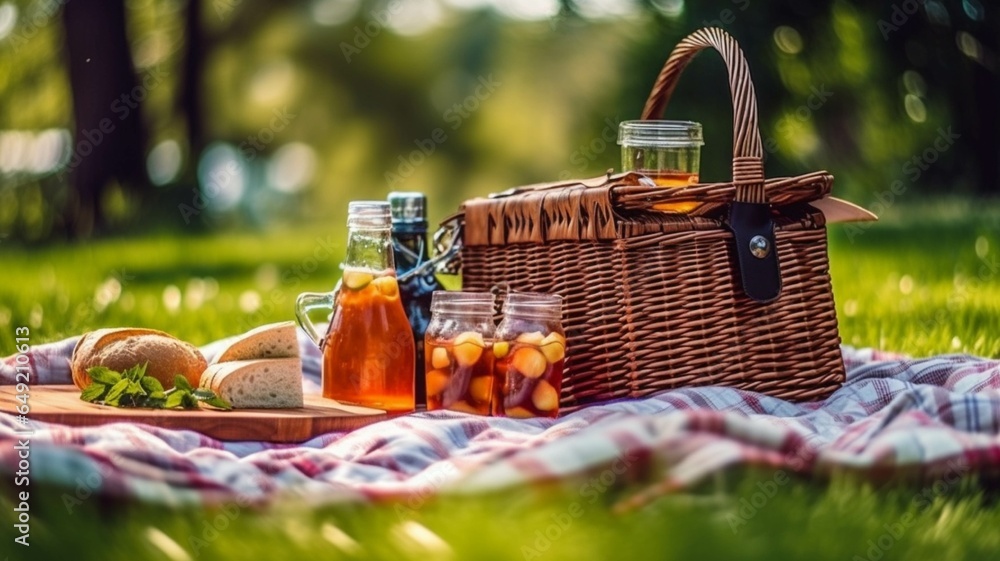 Picnic in the garden. Picnic basket with fruit and juice Picnic in the garden. Picnic basket with fruit and juice