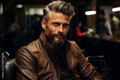 Barbershop charm: A handsome model showcasing a fashionable and brutal hairstyle with a well-groomed beard, epitomizing the essence of modern male portraits.