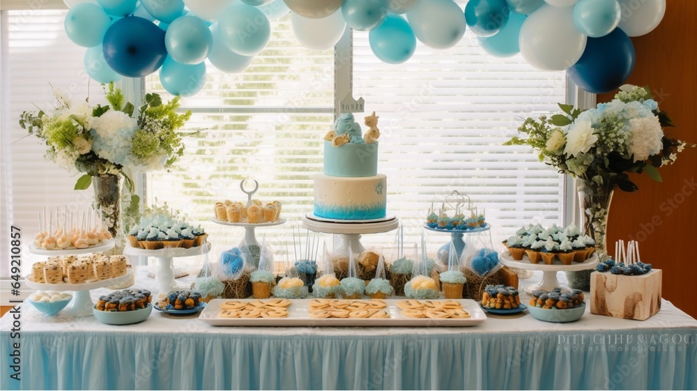 Wedding cake with blue and white balloons and cake with candles