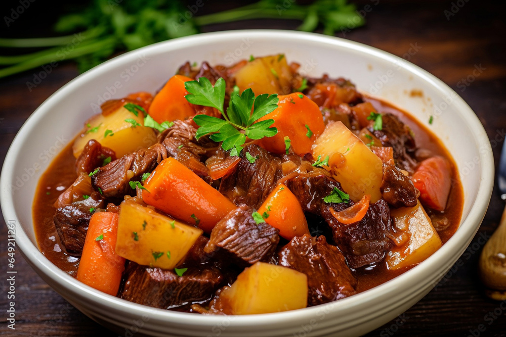 A hearty beef stew, a wholesome dining experience with tender meat, vibrant vegetables, and aromatic parsley. Meal for a satisfying dinner. - obrazy, fototapety, plakaty 