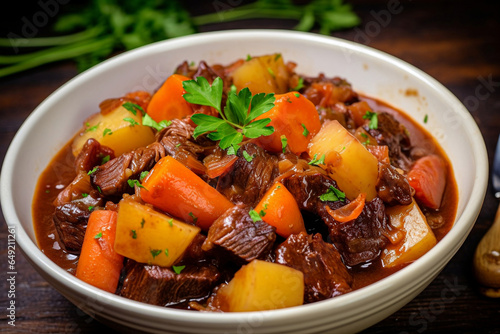 A hearty beef stew, a wholesome dining experience with tender meat, vibrant vegetables, and aromatic parsley. Meal for a satisfying dinner. photo