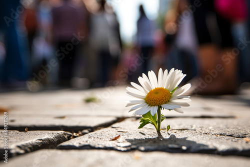 Nature's resilience: A delicate flower breaks through the pavement, symbolizing growth and blossoming amidst the harshness of urban roads. Beauty in nature's persistence © Lazarev production