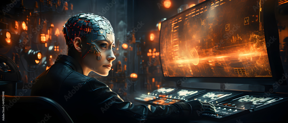 Artificial intelligence concept. Futuristic sci-fi AI cyber super computer. Future technology cyberspace. Humanoid cyborg - obrazy, fototapety, plakaty 