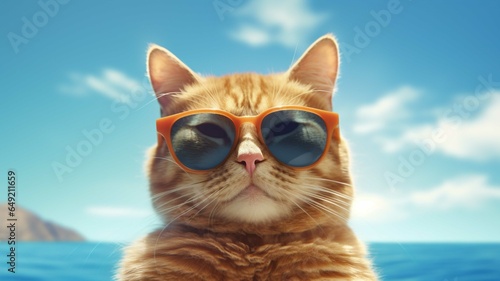 Cute ginger cat wearing sunglasses on the background of the sea