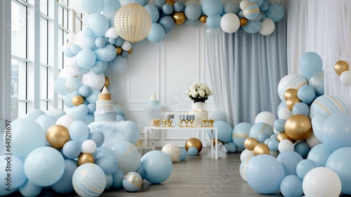 Blue and white balloons and cake in the room 3d rendering