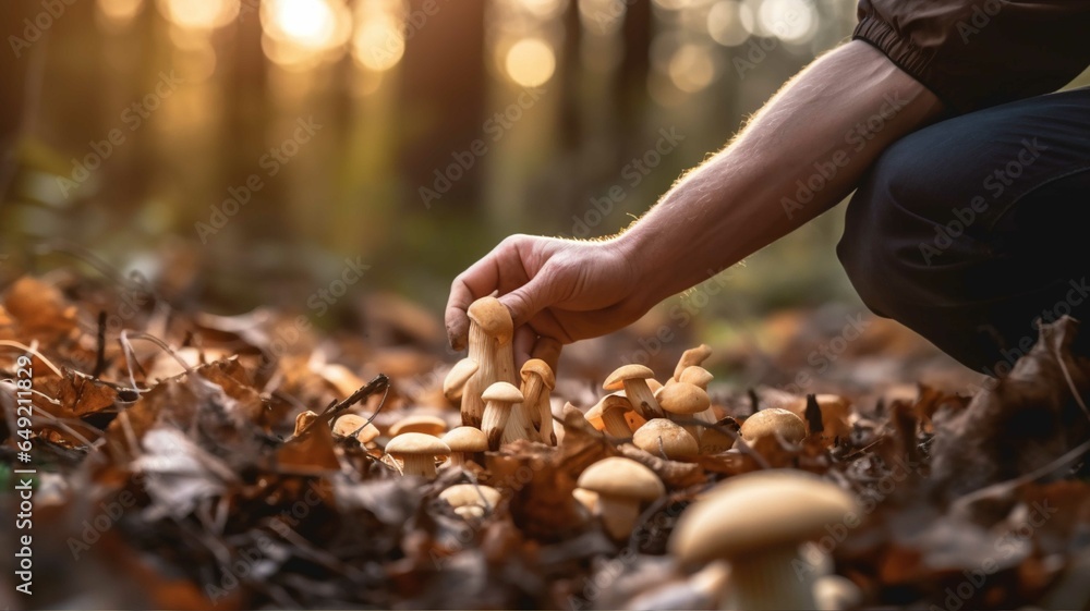 Man picking mushrooms in the forest Autumn season. Selective focus