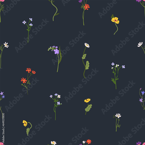 Seamless botanical pattern, spring flowers, blooming plants. Repeating floral print, field wildflowers. Endless nature background, texture design. Flat vector illustration for textile, wallpaper