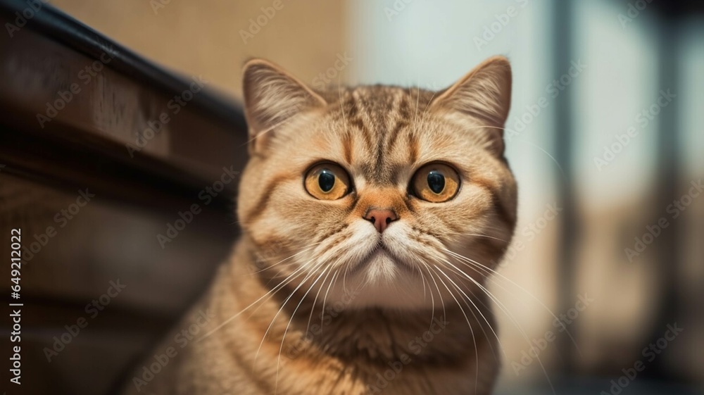 Cute ginger cat lying on sofa at home. Fluffy pet relaxing on sofa