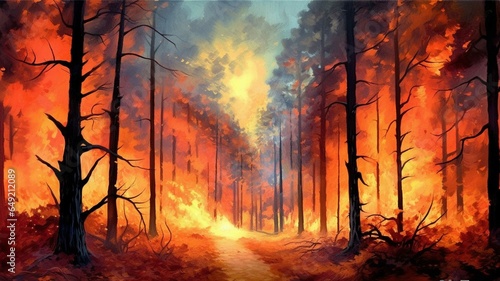 Forest fire in the middle of the forest with burning trees and path © Samira