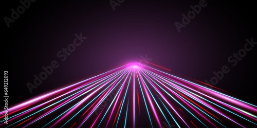 Glowing speed stripes. Traces of movement of a car. Night city lighting with long exposure. Abstract vector illustration isolated on black background.