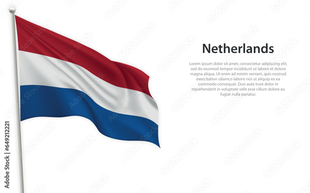 Waving flag of Netherlands on white background. Template for independence day Waving flag of Netherlands on white background. Template for independence day
