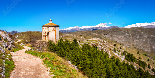 Santa Maria della Pieta church in Rocca Calascio - Abruzzo Gran Sasso national Park trail - South Italy landmark
