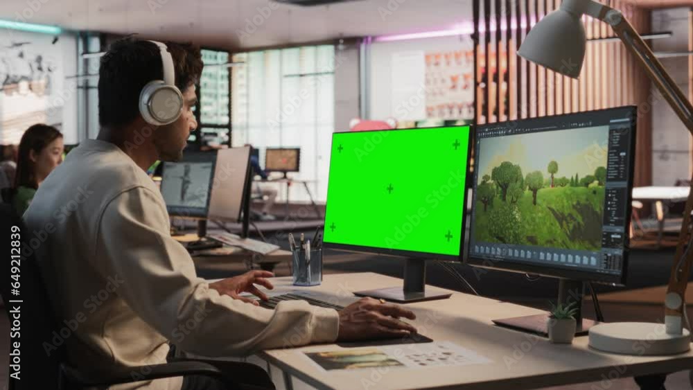 Indian Male Game Designer Using Desktop Computer With Green Screen ...