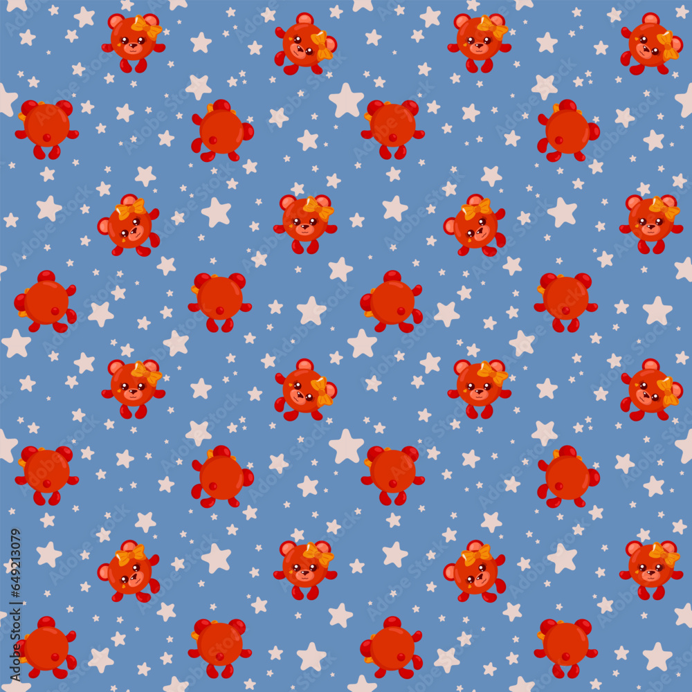 Funny cute kawaii bear seamless pattern in flat design on blue background. Decorative endless backdrop animal tracery for fabric, textile, backdrop, wrapping paper. Vector illustration Funny cute kawaii bear seamless pattern in flat design on blue background. Decorative endless backdrop animal tracery for fabric, textile, backdrop, wrapping paper. Vector illustration