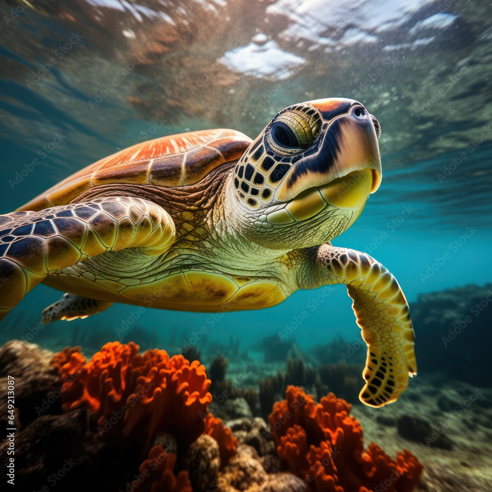 Fototapeta premium Turtle in its Natural Habitat, Wildlife Photography, Generative AI