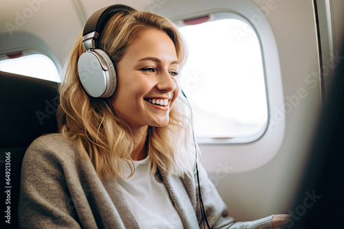 Woman listening to music in headphones on the flight trip in the airplane with window background. © Virtual Art Studio