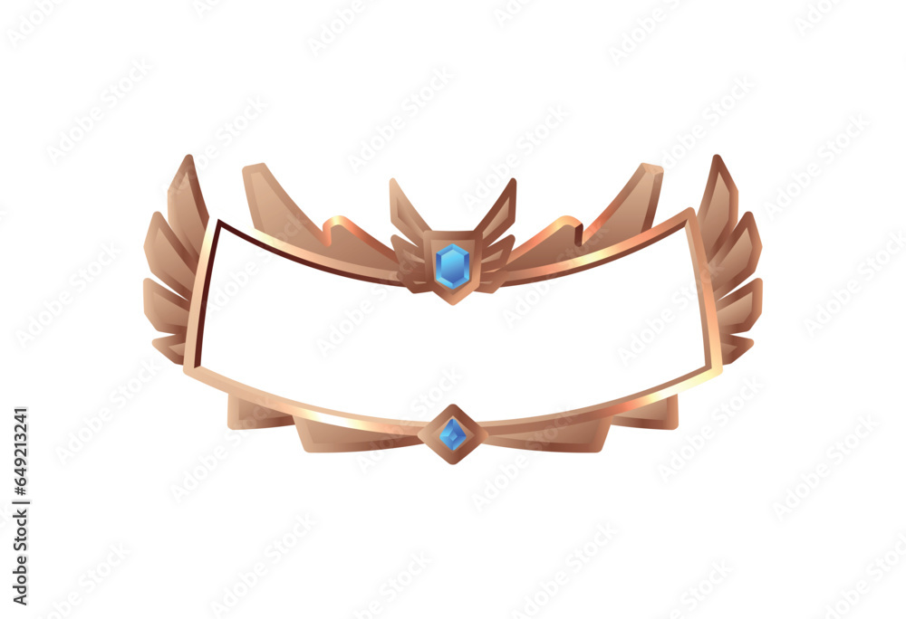 Obraz premium Metal frame with wings for interface ui game, vector rank arc square empty board with gems, bronze border, game button