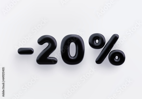 Black 3D discount sign minus 20 percent on a white background.