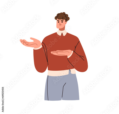 Man employee showing, pointing aside, presenting something with hand gesture. Businessman presenter speaker offering, advertising, promoting. Flat vector illustration isolated on white background