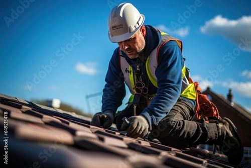 Smile roofing worker sitting, new covering of a tiled rooftop