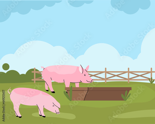 Pink pigs feeding. Pig eating from trough. Hand drawn funny contemporary drawing farm animals. Rural landscape. Standing and sitting mammal, green grass , cartoon flat isolated vector illustration