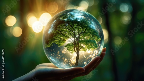 Hand holding a crystal glass sphere with green nature background. #649213676