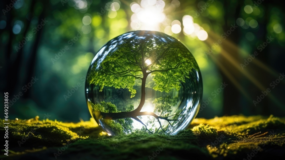 Hand holding a crystal glass sphere with green nature background. Hand holding a crystal glass sphere with green nature background.