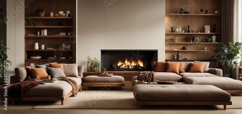 Sofa and cushions next to wooden bookcases and a fireplace. modern living room interior design