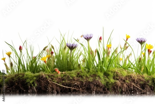 A bright spring meadow filled with bright flowers against a white background. Lush green grass and natural beauty mark the season of growth and renewal.