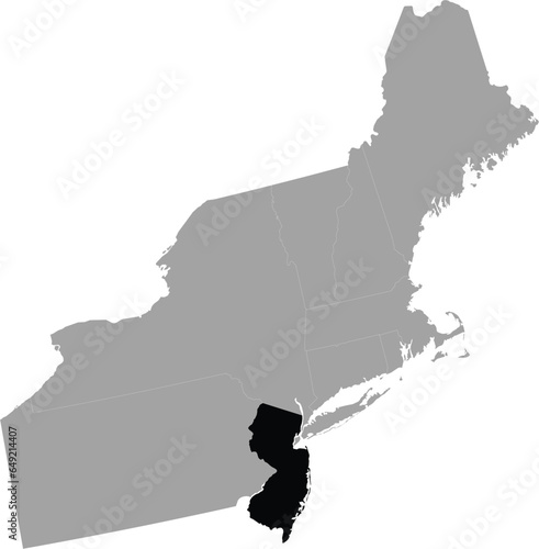 Black Map of US federal state of New Jersey within the gray map of Northeast region of United States of America