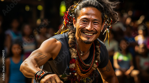 Intense Muay Thai fighter in traditional attire performing a ritual dance in vibrant ring, imbuing determination, tradition and dynamic energy among the excited crowd. photo