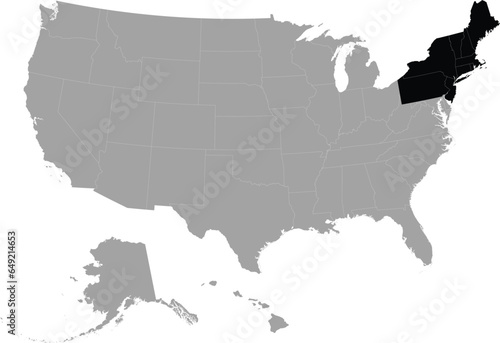 Black Map of US federal states of Northeast region within the gray map of United States of America