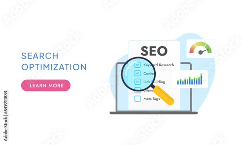 Search Optimization concept. SEO Digital marketing strategy. Vector illustration isolated on white background with icons. SEO design for website template, landing page, layout