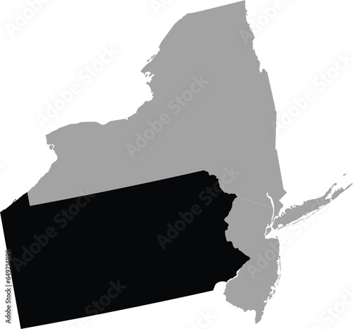 Black Map of US federal state of Pennsylvania within the gray map of Mid - Atlantic region of United States of America