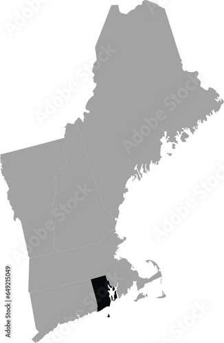 Black Map of US federal state of Rhode Island within the gray map of New England region of United States of America