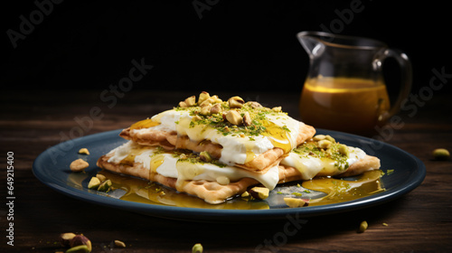 Warbat with cream qishta and pistachio Served