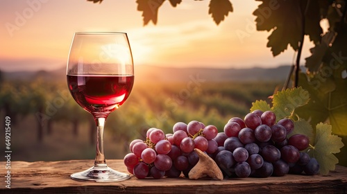 Pouring red wine into a glass. In the vineyard, French red wine