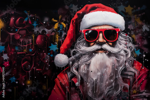 Cool Santa Claus painted in graffiti style. Creative cartoon Christmas and Happy New Year holidays art background. Festive colorful illustration
