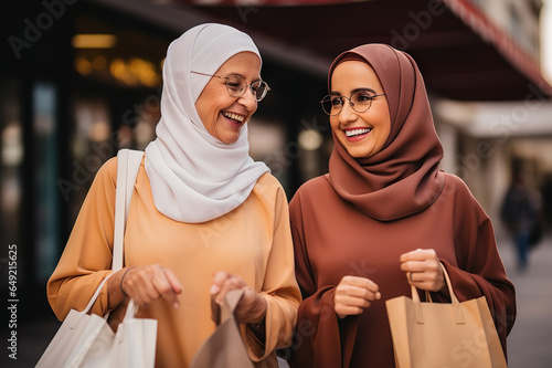 Chic and Joyful Muslim Friends A Portrait of Two Fashionable Women with Shopping Bags, Laughing and Enjoying Their Time Outdoors. created with Generative AI