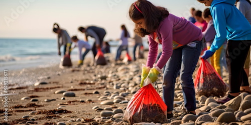 kids as an organized beach cleanup team, working together to clear plastic and debris from the shoreline.Generative AI photo