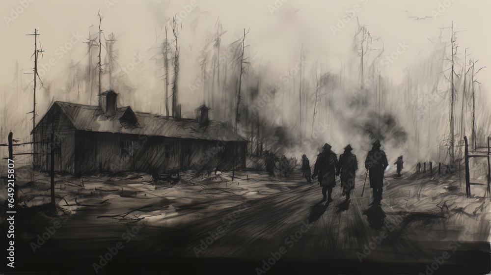 World War II prisoner of war POW camp scene illustration. World War II prisoner of war POW camp scene illustration.