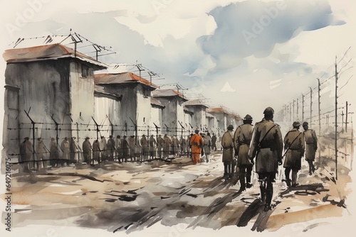 World War II prisoner of war POW camp scene illustration. photo