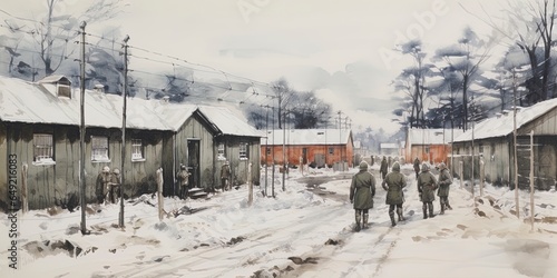 World War II prisoner of war POW camp scene illustration.