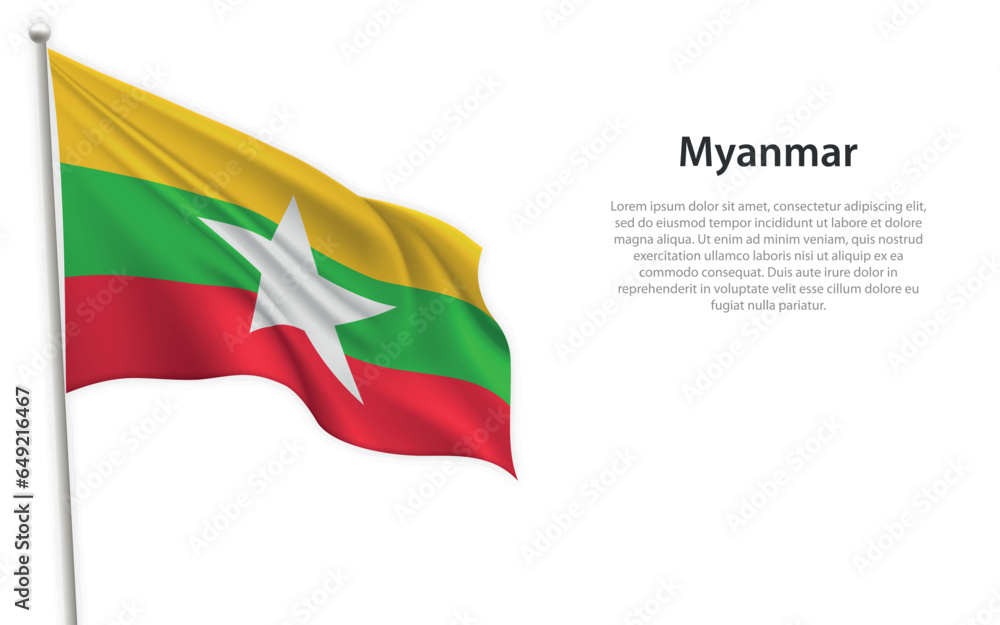 Waving flag of Myanmar on white background. Template for independence day Waving flag of Myanmar on white background. Template for independence day