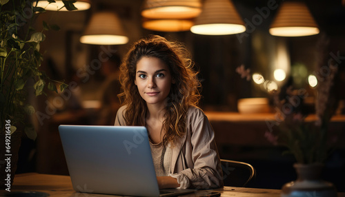 Mujer joven trabajando en una laptop, chica independiente o estudiante con computadora en oficinas de coworking o café moderno en la mesa.Ia generado.