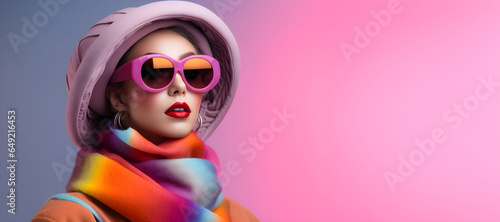 Young fashion woman wearing sunglasses and hat in autumnal outfit. Stylish female with Autumn colors