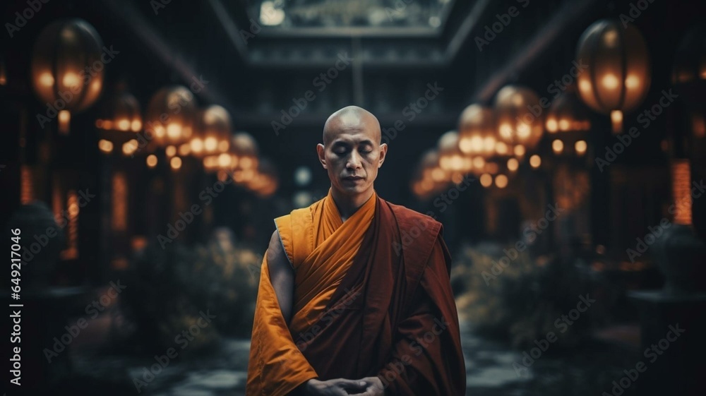 Buddhist monk meditating in temple
