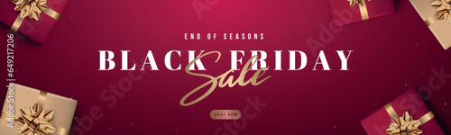 Black Friday horizontal long banner. Golden and red gift boxes on red background. Universal vector template for discount promo offer or advertising store in social media.