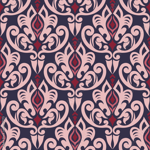 Seamless floral damask pattern with pink color vector design
