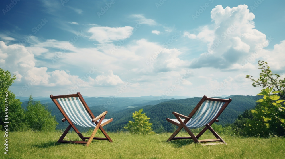 two deck chairs with mountains in background. vacation in nature two deck chairs with mountains in background. vacation in nature